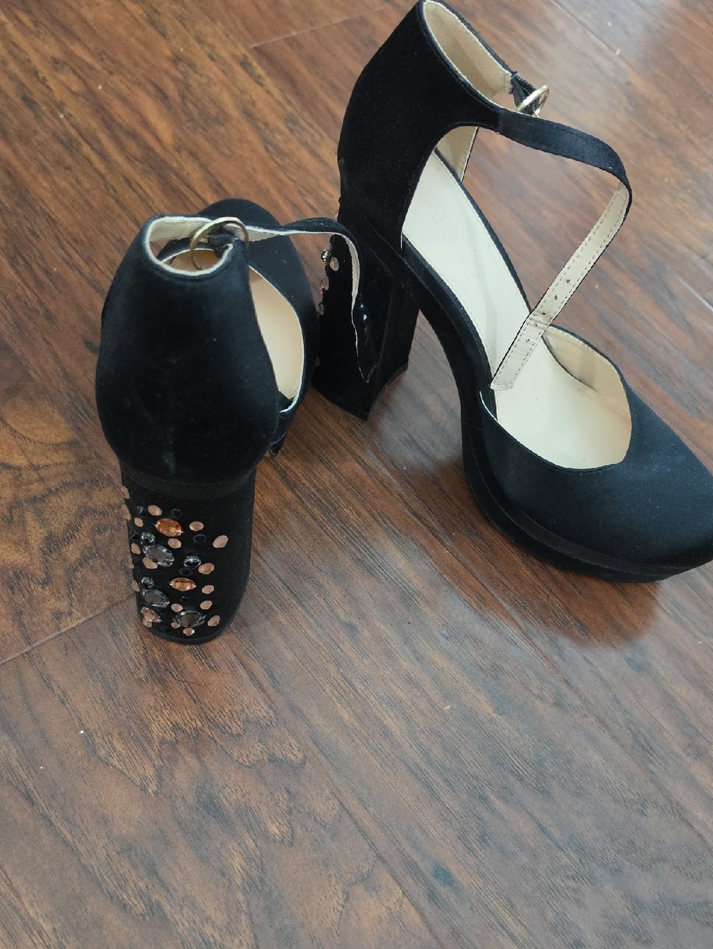 Black Suede Mary Jane Block Heel Pumps with Embellished Heel